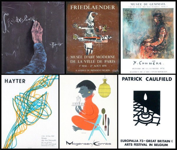 Exhibition Poster Collection (eight): A collection posters of including Johnny Friedlaender, MUSEE D'ART MODERN, 1978, exhibition poster, signed, 30 ¼ x 22", framed with glass (cracked); Patrick Caulfield (three of the same), Commere, Wi