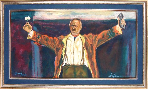 Anthony Quinn (1915-2001) Mexican: ZORBA THE GREEK, color screenprint on canvas, signed in blue, from the numbered edition D 250, 26 x 48", framed, some unobtrusive hairline craqueleur, otherwise in good condition.
