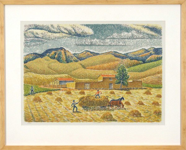 Mildred Rackley (1906-1992) Californian: HARVEST, 1940, color screenprint, signed in pencil, from the numbered edition 100, image 11 x 15", full margins, framed with glass. Provenance: Claire de Heeckeren d'Anthes