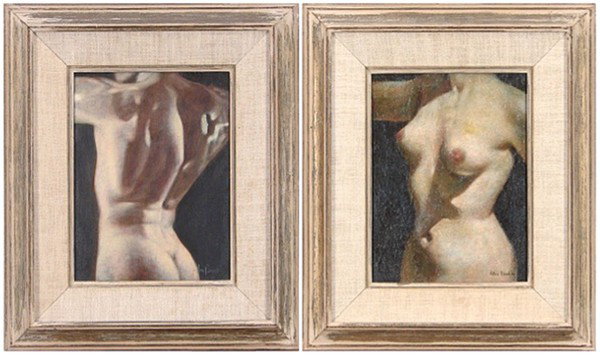 Wade Reynolds aka Allan Brent (two): TORSOS, MALE & FEMALE, 1959, a pair of oil paintings each on canvas board, both signed lower right, one dated, each 12 x 9", both framed, female with cracking and a filled spot, male with surface soil