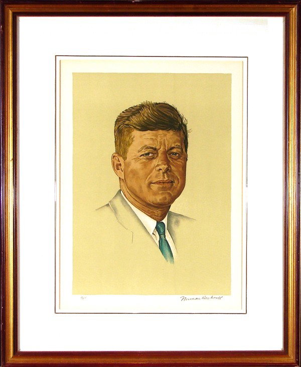 Norman Rockwell (1894-1978) American: JFK, color lithograph, signed in pencil, artist's proof aside from the numbered edition 200, image 18 ¼ x 13", full margins, framed with glass, mild toning in the margins at the mat, otherwise in goo