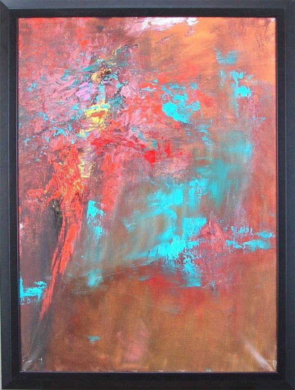 Vanecha Roudbaraki (b. 1966) Iranian: L'EAU ET LE FEN II, 2004, oil painting on canvas, titled signed and dated on verso, 39 ½ x 28 ¾", with artist's Parisian stamp on stretcher bar, framed, scuffs, canvas loose lower right and lower le