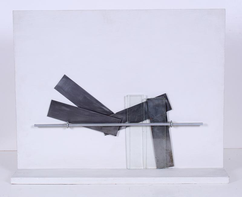 Guy Dill (b. 1946) California: UNTITLED CONSTRUCT, 1975, mixed media construction with steel glass and wood, signed and dated on verso, 19 x 24 x 5 ¼”. Provenance: Diana Zlotnick Collection.
