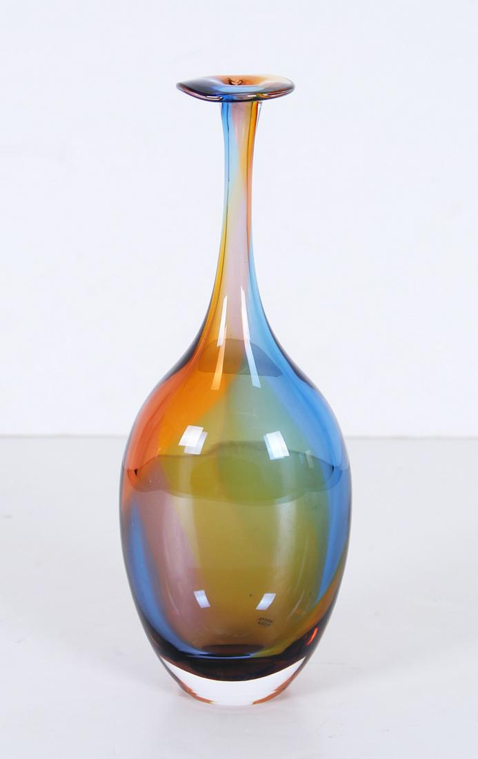 Kjell Engman (b. 1946) Swedish for Kosta Boda: Clear blue and orange glass bud vase, signed underneath, retains original Kosta Boda label, 11” tall.