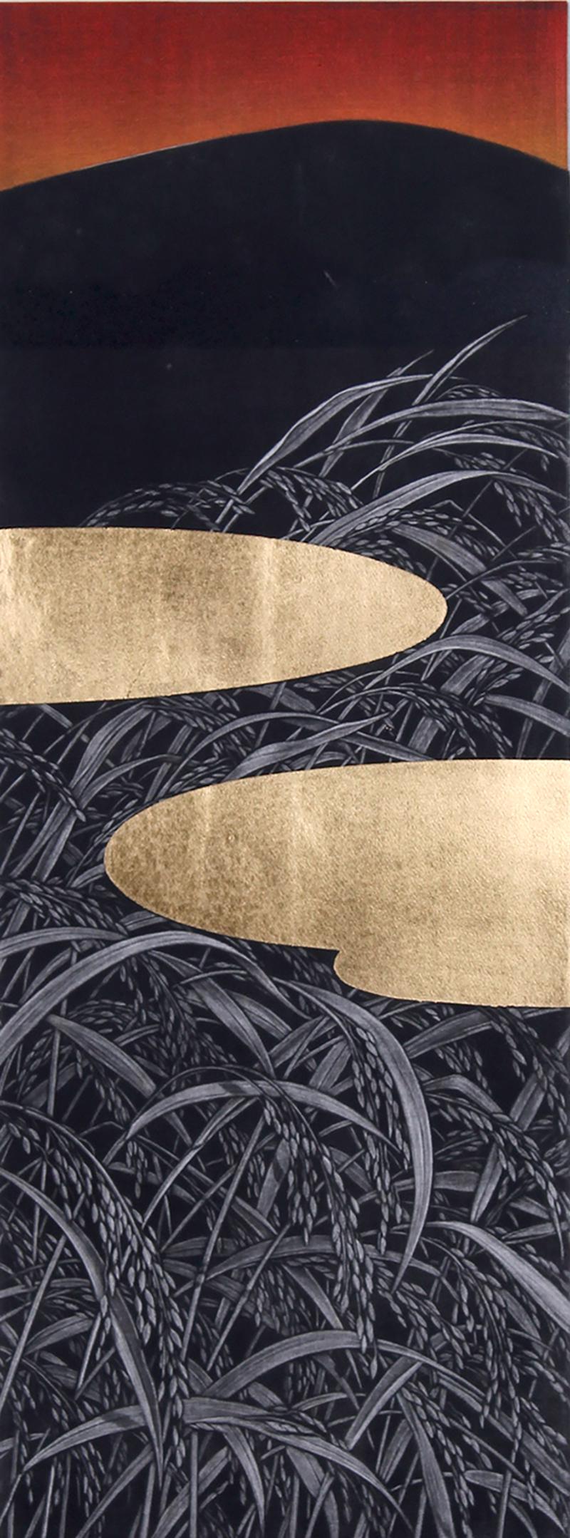 Katsunori Hamanishi (b. 1949) Japanese: DIVISION WORK No. 99, 2002, color mezzotint with gold leafing, signed and numbered AP (artistâ€™s proof) 4/7 in pencil, image 23 ½ x 8 ¾”, full margins, frame 33 ½ x 18