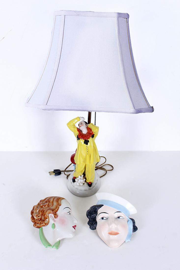 Harlequin Katzhutte Germany Porcelain Lamp & otherwise (three): Katzhutte Lamp, painted and glazed porcelain base, hallmarked underneath, 11” tall, with shade overall 23 x 14 x 10 ¼”, with pull chain fixture; Together with English and Czechoslov