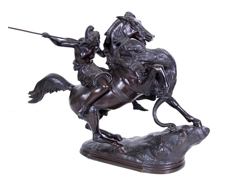 August Kiss (1802-1865) German: THE AMAZON, cast multi-part bronze sculpture with dark brown patina, 15 x 20 x 7”, weight 26 lbs.