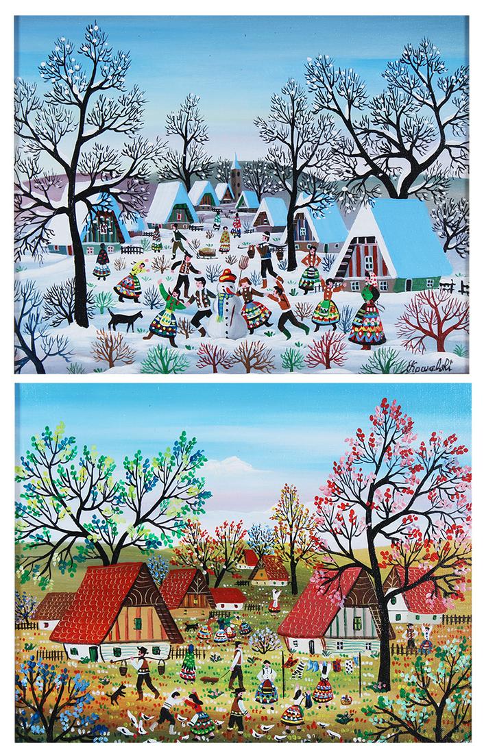 A. Kowalski (b. 1926) Hungarian (two): WINTER; SPRING, two oil paintings on canvas, each signed lower right, Spring signature hidden by frame, 8 x 10”, frames 16 x 18”. (2)