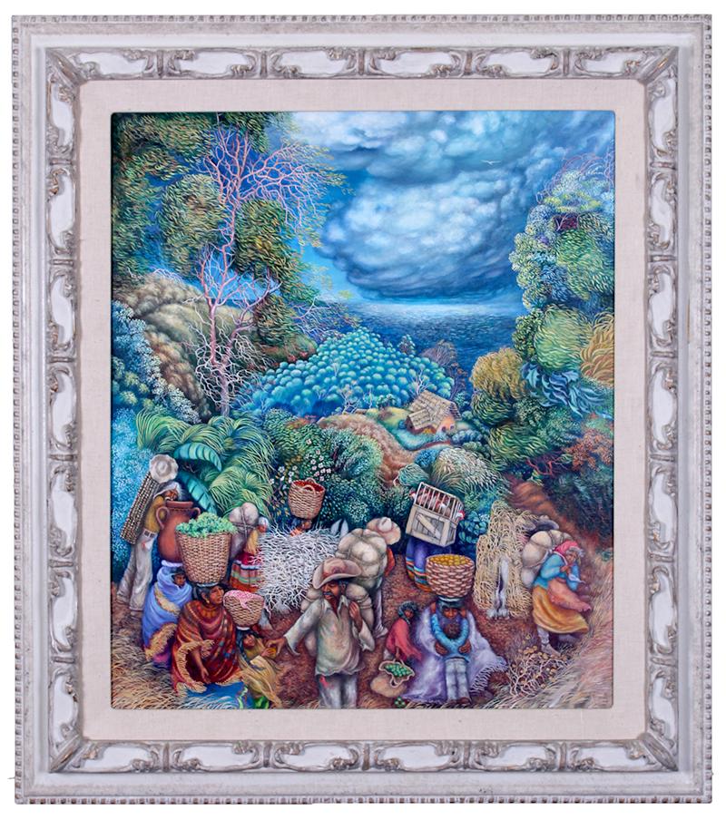 Latin American Folk Art (20 th Century): HILLSIDE CARAVAN, 1983, oil painting on canvas, signed and dated lower right, 26 x 22”, frame 34 x 30”.