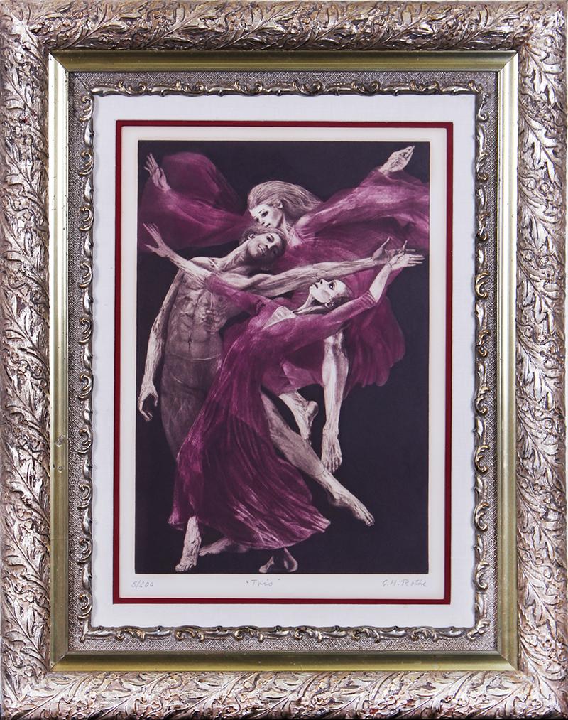 G. H. Rothe (1935-2007) German: TRIO (R.53), 1982, color mezzotint, hand-inked colors may vary, signed and numbered 5/20 in pencil, image 16 x 10 ¾”, full margins, frame 26 ½ x 21” with glass.
