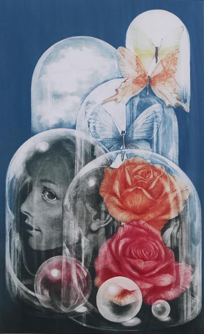 G. H. Rothe (1935-2007) German: MEMORY BLUE (Variant of R.154), 1975, color mezzotint, hand-inked colors may vary, signed and numbered 1/80 in pencil, image 17 ¾ x 11”, full margins, frame 28 x 21” with Plexiglas.