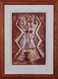 Massimo Campigli (1895-1971) Italy: L’ESCALIER, 1955, color lithograph, signed and inscribed artist’s proof in pencil, image 21 x 14”, full margins, frame 32 x 24” with Plexiglas.