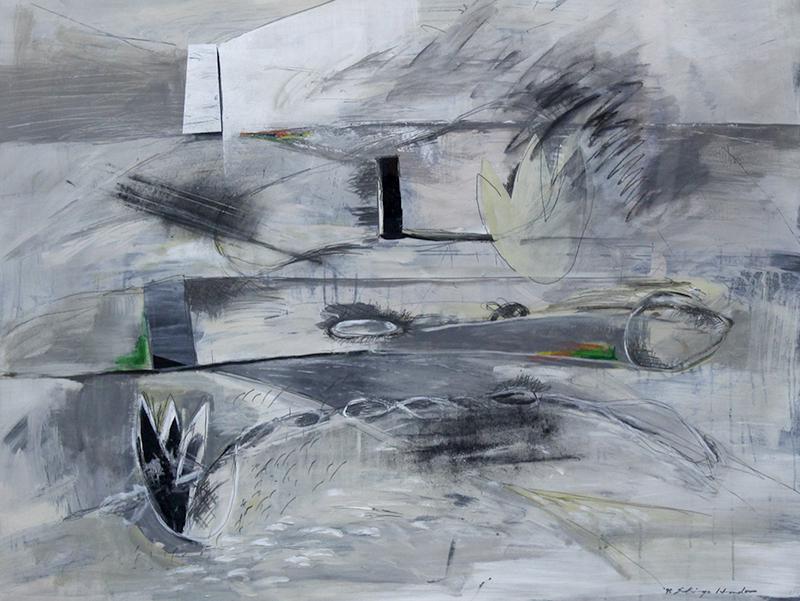 Shingo Honda (1944-2019) Japanese: COMMENTARY #58, 1995, acrylic painting on paper, signed lower right, full sheet floated, 37 x 47”, frame 43 x 53” with Plexiglas. Provenance: Venice Art Walk Silent Auction.