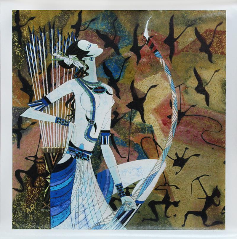 Ting Shao Kuang (b. 1939) China: HUNTRESS, color transfer print on unstretched canvas, signed and inscribed AP (artistâ€™s proof) in gold ink, 23 ½ x 22 ¾”.