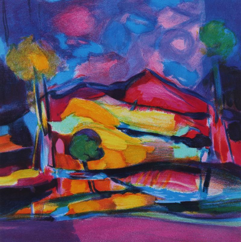 Marcel Mouly (1918-2008) French: LA MONTAGE ROSE, color lithograph, signed and numbered 270/300 in pencil, image 11 ½ x 11”, full margins, frame 27 x 26 ½” with Plexiglas.