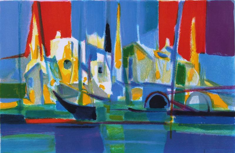Marcel Mouly (1918-2008) French: MARINA, color lithograph, signed and numbered 24/300 in pencil, image 8 x 12”, full margins, frame 16 ½ x 20” with Plexiglas.