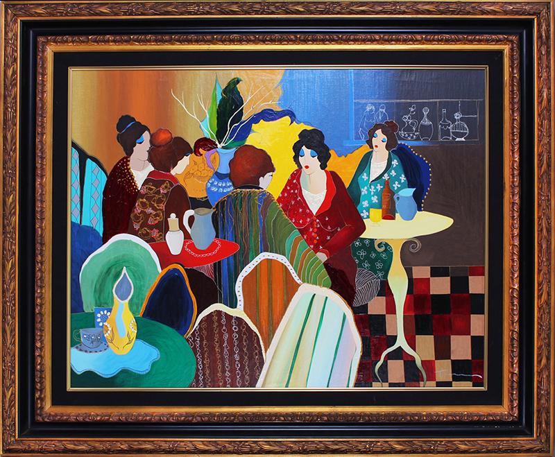 Itzchak Tarkay (1935-2012) Serbian Israeli: BUSY CAFÃ‰, embellished color screenprint on canvas, signed lower right, 28 x 36 ½”, frame 40 x 48 x 3 ½”.