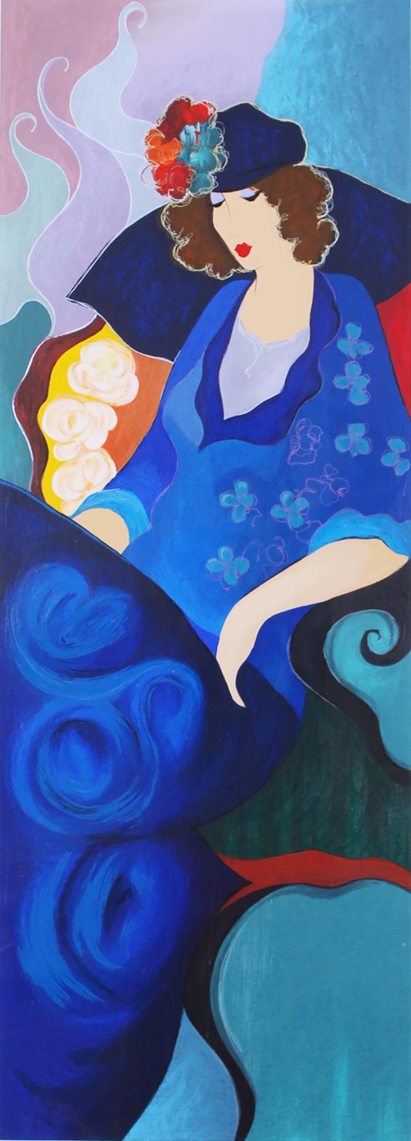 Itzchak Tarkay (1935-2012) Serbian Israeli: BLUE DRESS II, color screenprint, signed and numbered 333/350 in pencil, image 37 ½ x 13 ½”, full margins, frame 50 x 26” with Plexiglas.