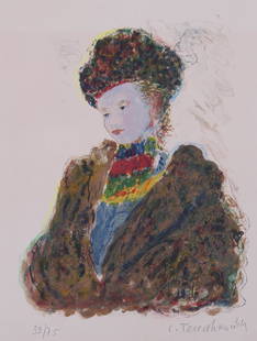 Constantin Terechkovitch  (1902-1978) Russian French: WOMAN WITH HAT, color lithograph, signed and numbered 39/75 in pencil, sheet 29 &frac12; x 21 &frac12;&rdquo;, frame 31 &frac14; x 22 &frac34;&rdquo; with glass.