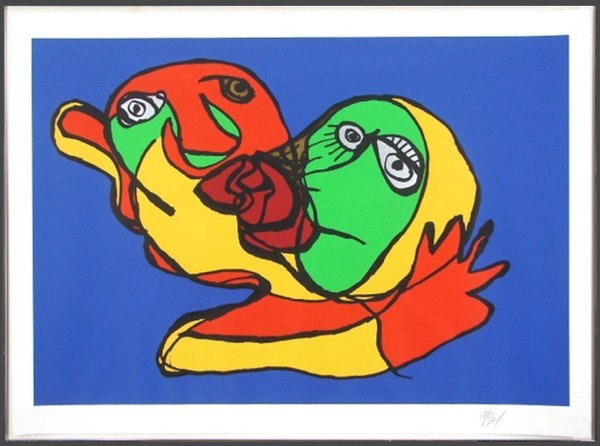 Karel Appel (1921-2006) Dutch: ROSE KISS, color screenprint, signed in pencil, inscribed EPI aside from the numbered edition, image 26 x 38", full margins, framed, no glass, glue hinge strip across top, cockling, some tideline stai