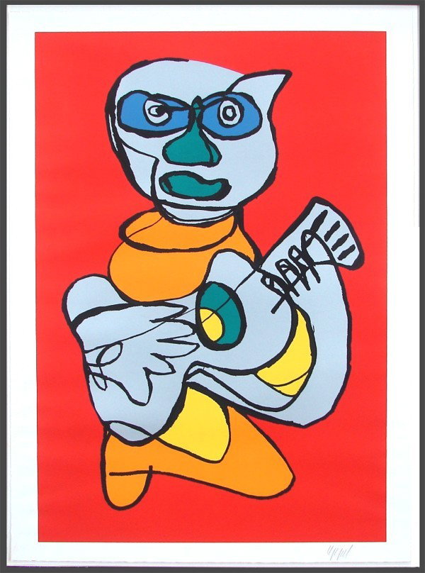 Karel Appel (1921-2006) Dutch: GUITARIST (red), color screenprint, signed in pencil, inscribed EPI aside from the numbered edition, image 38 x 26", full margins, framed, cockling, glue hinge strip across top, dimples in margins, sc