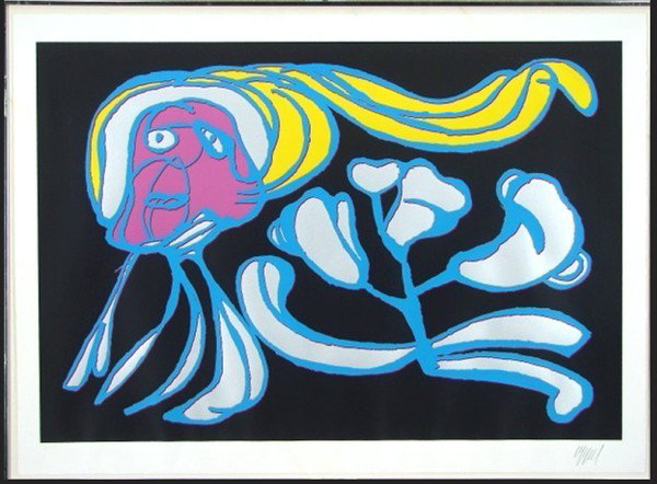 Karel Appel (1921-2006) Dutch: FLOATING FLOWER PASSION (black), color screenprint, signed in pencil, inscribed EPI aside from the numbered edition, image 26 x 38", full margins, framed, no glass, glue hinge strip across top, soft h