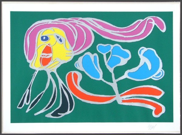 Karel Appel (1921-2006) Dutch: FLOWER PASSION (green), color screenprint, signed in pencil, inscribed EPI aside from the numbered edition, image 26 x 38", full margins, framed, no glass, glue hinge strip across top, cockling, disco