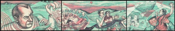 Judith Baca (20th Century) American: RED SCARE AND CHAVEZ RAVINE, 1993, color lithograph triptych, signed in pencil, printer's proof aside from the edition of 20, overall 13 ½ x 59 ½", published and printed by El Nopal Press, faint tid