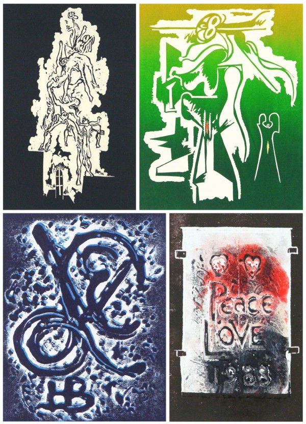 Hans Burkhardt (1904-1994) American: UNTITLED, 1974-1984, four color linocut prints, each signed in pencil, from the numbered editions 12, 10, 5 & unnumbered, images 12 x 8" to 6 ¾ x 4 ¼", all with the artist's blindstamps in the full