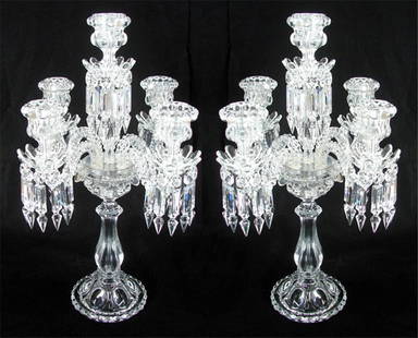 Decorative Arts: Baccarat Crystal Candelabras (two): A pair of cut-crystal candelabras, each with four arms decorated with leaded crystal glass droplets, both 23" tall, 12" wide, 12" deep, both hallmarked. (2)