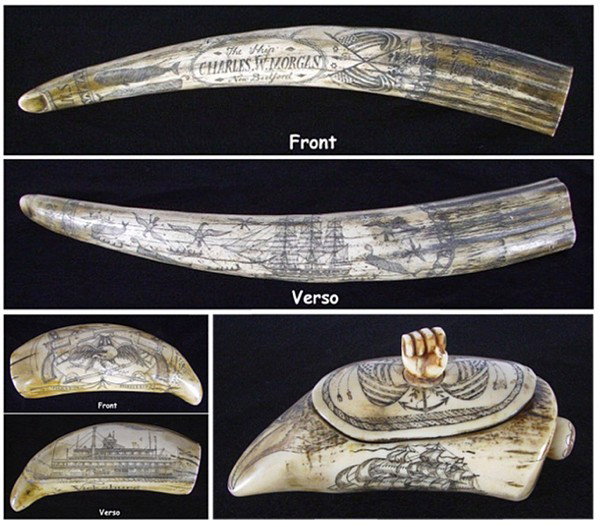 Decorative Arts: Scrimshaw style carvings (three): THE SHIP CHARLES W. MORGAN; VICKSBURG; SHIP & EAGLE, three carvings with historic and nautical themes in elaborate detail: the first 22" long, the second 7" long, the third 5 ½" long with compartment