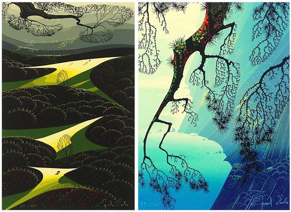 Eyvind Earle (1916-2000) Californian (two): THREE LITTLE FIELDS; COASTAL FOG MIST, 1991, two color screenprints, both with signed, with studio stamps and copyrights, from the numbered editions 150 & 165, images 14 x 9" & 9 ½ x 7", both with fu