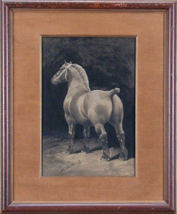 George Morris Ford (1873-1960) American: HORSE, 1905, pastel and ink on paper, signed and dated lower left, sight 16 ¾ x 11 ¼", framed with glass, tear or crack along horse's hindquarters, dimple in center, scuffs and scrapes, otherwise in