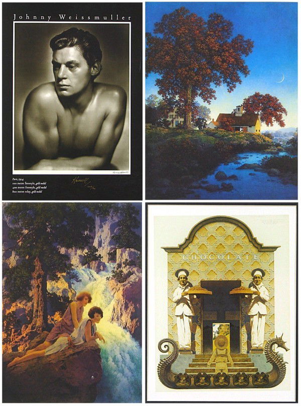 George Hurrell & Maxfield Parrish (9), Giclee Post: George Hurrell, JOHNNY WEISSMULLER, 1984, exhibition poster, from the numbered edition 500 signed in gold ink, 32 x 22", creases and soft handling creases; Together with Maxfield Parrish, AQUAMARINE (