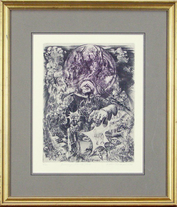Oldrich Kulhanek (b. 1940) Czechoslovakian: HOMAGE ALBRECHT DURER, 1976, color etching, signed in pencil, from the numbered edition 40, image 14 x 10 ¾", full margins, framed.