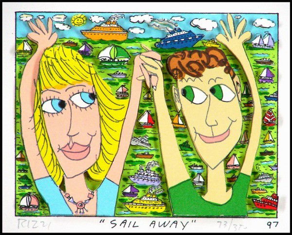 James Rizzi (b. 1950) American: SAIL AWAY, 1997, three dimensional color lithograph with cut-outs, signed in pencil, from the numbered edition 350, image 4 x 5", sheet 6 ¾ x 8", published by John Szoke Graphics.