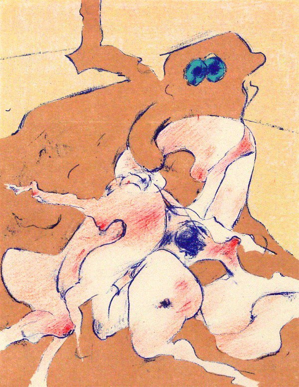 Dorothea Tanning (b. 1910) American: UNTITLED, color lithograph, signed in pencil, from the numbered edition 75, image 9 ¼ x 9 ¾", full margins, mild toning, moderate on verso, soft handling creases, inventory sticker on verso, otherwi