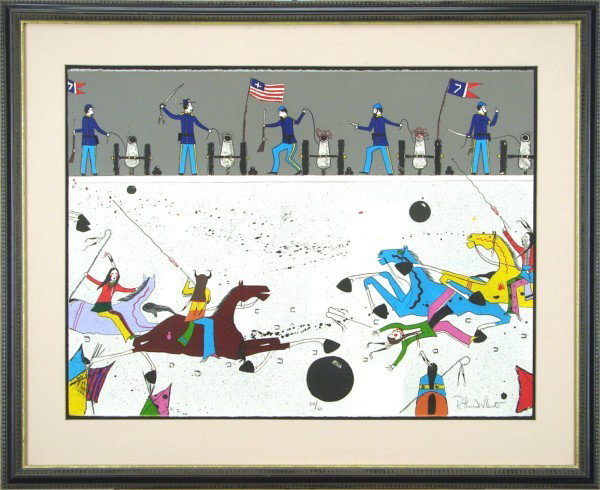 Randy Lee White (b. 1951) American: CALVARY & INDIANS, color lithograph, signed in pencil, from the numbered edition 60, sheet 22 ¼ x 30", framed with glass.
