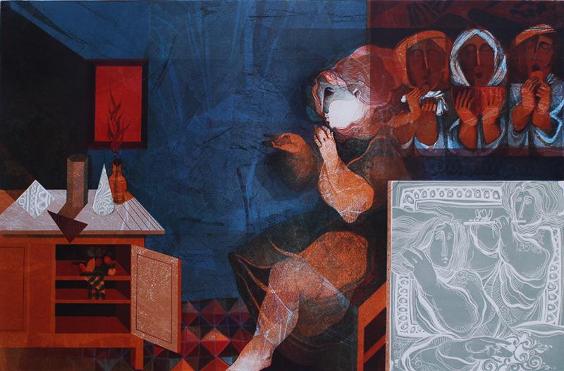 Sunol Alvar (b. 1935) Spanish: REFECTIONS OF THE ARTIST (Newman pg. 281), 1981, color lithograph with embossing, signed and numbered 151/285 in pencil, image 20 x 30”, full margins, frame 30 ½ x 41” with glass.