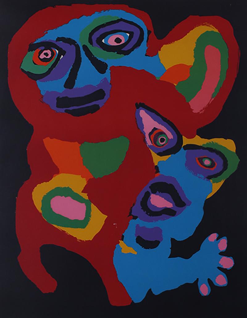 Karel Appel (1921-2006) Dutch: FRIENDS, color lithograph, signed and inscribed EA (artistâ€™s proof) in pencil, image 26 ¼ x 20 ½”, full margins, frame 39 x 30” with glass with small break upper left 