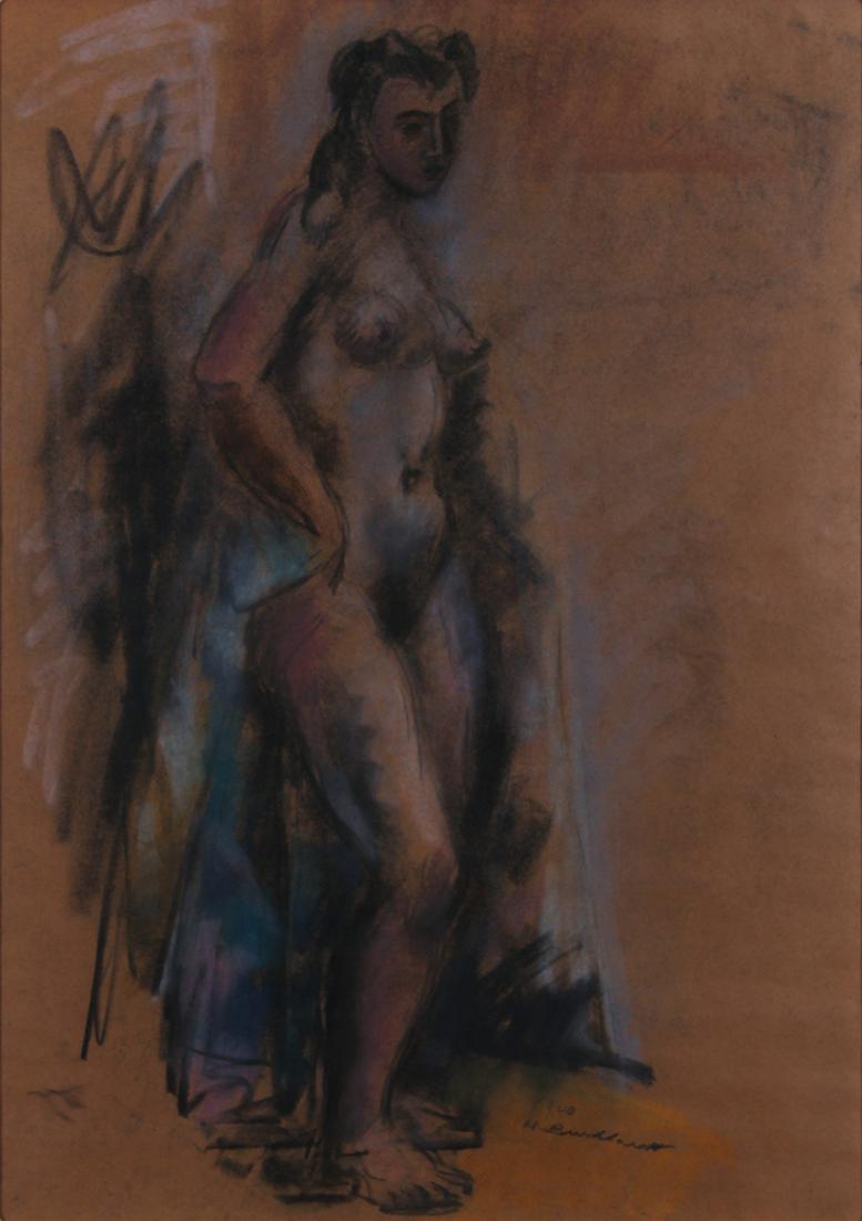 Hans Burkhardt (1904-1994) Swiss American: STANDING NUDE, 1940, color pastel on paper, signed and dated lower right, sight 22 x 15 ¾”, artistâ€™s blind stamp lower right, frame 36 ¾ x 30” with Plexiglas.