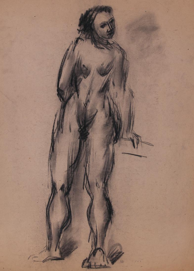 Hans Burkhardt (1904-1994) Swiss American: STANDING NUDE, 1945, charcoal drawing on paper, initialed and dated lower right, artistâ€™s blind stamp lower right, 24 x 18”.