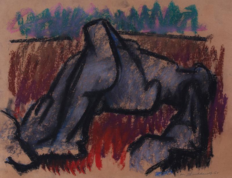 Hans Burkhardt (1904-1994) Swiss American: UNTITLED 1964, color pastel, signed and dated lower right, artistâ€™s blind stamp lower right, 18 ¼ x 24”.