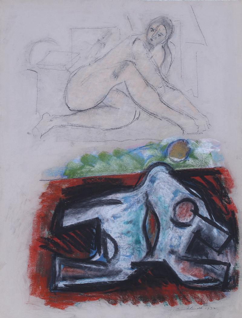 Hans Burkhardt (1904-1994) Swiss American: UNTITLED STUDY, 1972, color pastel on chain laid paper, signed and dated lower right, artistâ€™s blind stamp lower right, 26 ¼ x 20”.