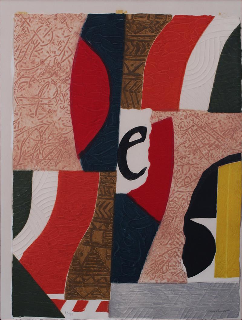 Max Papart (1911-1994) French: SURROUNDED BLACK E, color gravure with embossing, signed and numbered 83/99 in pencil, sheet 26 x 19 ½”, frame 34 x 27 ½” with glass.