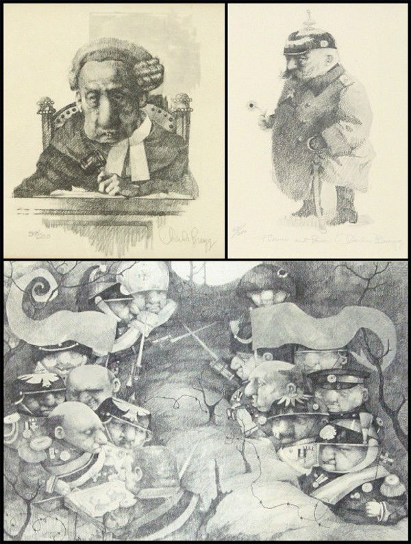 Charles Bragg (b. 1931) American (three): JUDGE; FLOWER & POWER; DMZ, three lithographs, each signed in pencil, from the numbered editions 200, sights 9 ¾ x 13 ¾", 12 ¼ x 10 ¼" & image 13 ¼ x 19 ¼", all framed with glass, one broken, al