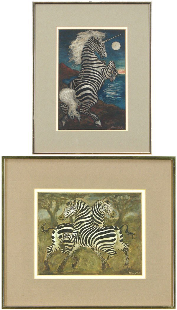 Charles Burdick (b.1924) American (two): ZEBRA UNICORN; TWO ZEBRAS, two acrylic paintings with ink drawing on paper, both signed lower right, sight 12 x 8" & 7 ½ x 9 ½", both framed with glass. (2)