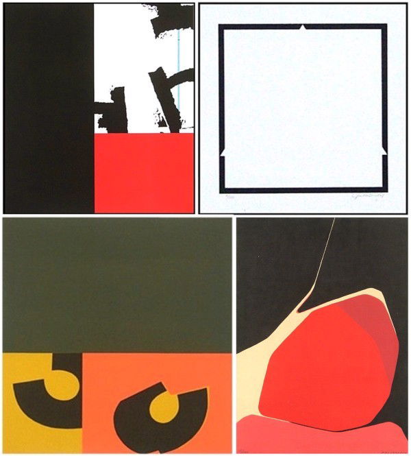 Jules Engel (1909-2003) American & Pablo Palazuelo: UNTITLED RED/ GREEN, color lithograph, signed in pencil, from the numbered edition 15, image 15 ½ x 15", full margins; BLACK LINES AGAINST WHITE BACKGROUND, color lithograph, signed in pencil, from t