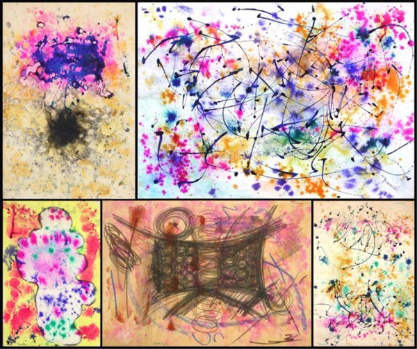 From the estate of Sam Francis, Unidentified Artis: UNTITLED, 1975, six watercolors on paper (two on one-sheet) by an Unidentified Artist, each signed, each also signed and dated on verso, all dedicated to "Sam Francis", each sheet with Sam Francis Est