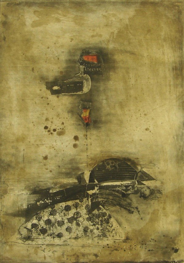 Johnny Friedlaender (1912-1992) German: PAYSAGE DE REVE, color etching, signed in pencil, from the numbered edition 95, plate 23 ¼ x 16 ½", O'Euvre Gravure blindstamp, full margins, mild toning, discoloration at sheet edges, old hinges on